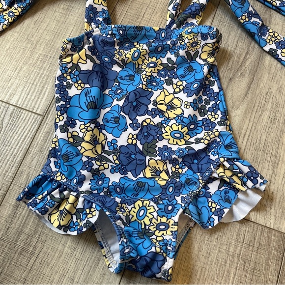 Floral Blue and Yellow Kids One-Piece Swimsuit Blue Floral Tie Strap Skirt 9-12M - Picture 7 of 12